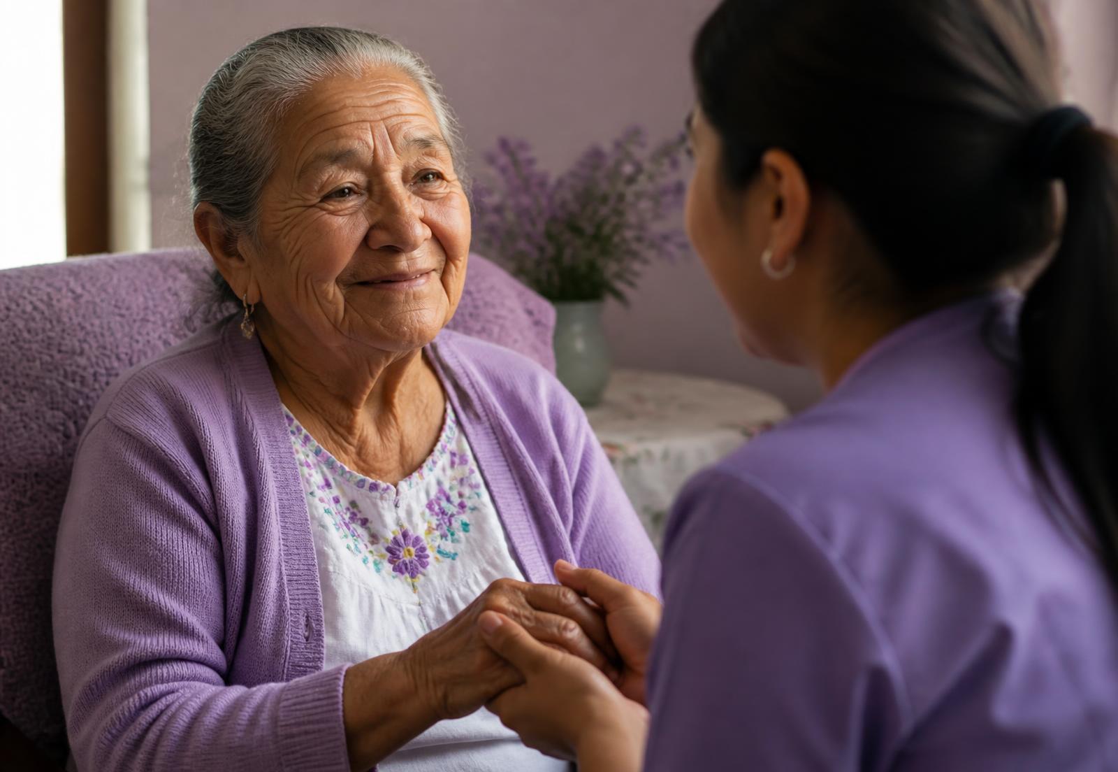Cuidadora tomando las manos de una adulta mayor con Alzheimer